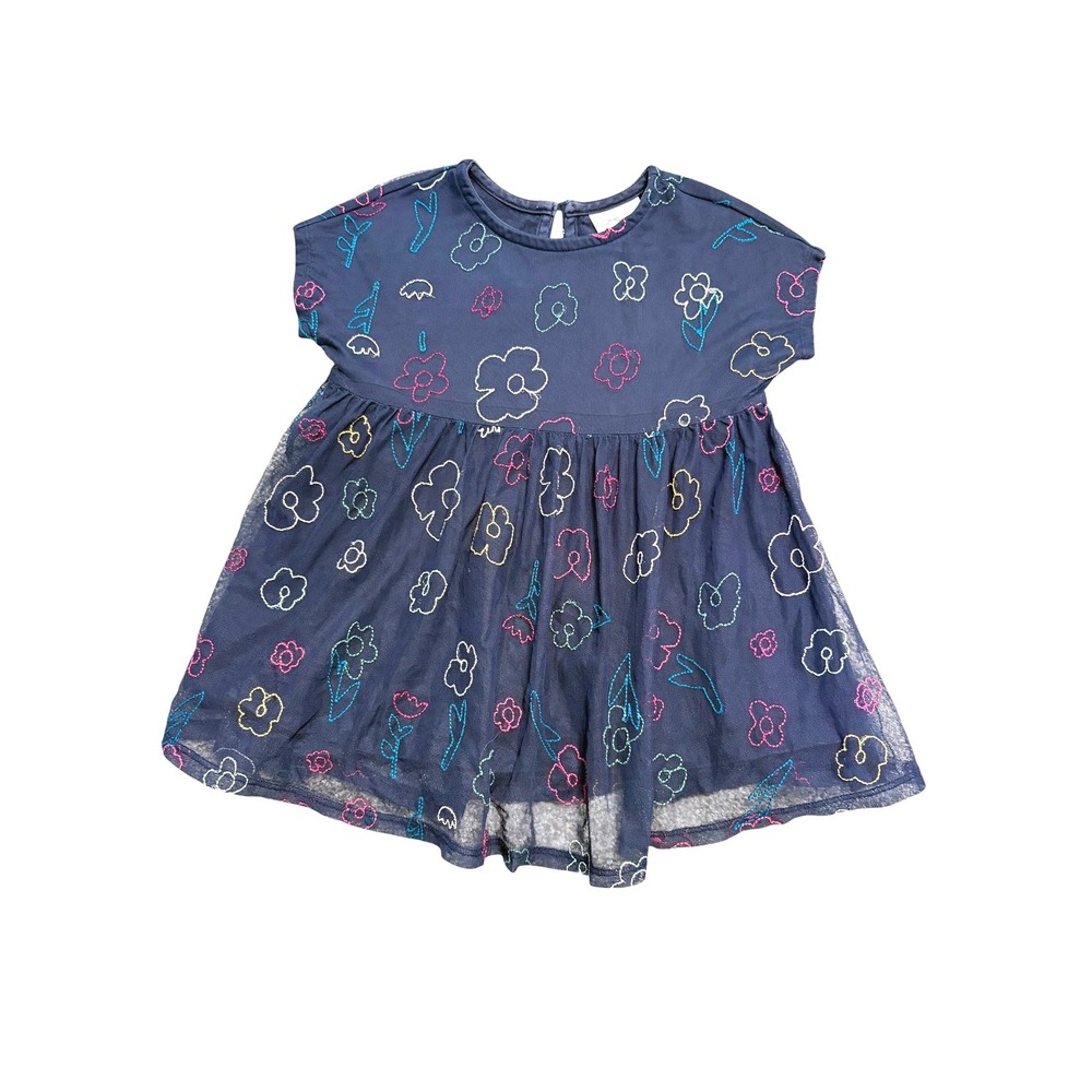 Hanna Andersson Tulle Dress Girls US 3 Navy Blue Floral Embroidered Short Sleeve